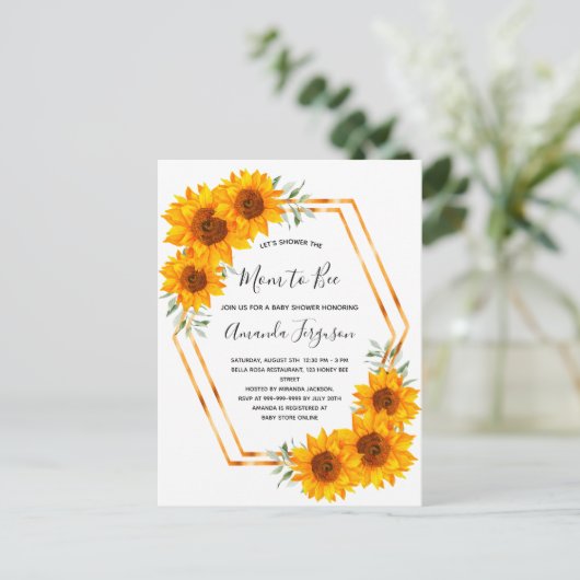 Baby showers zonnebloemen roos gouduitnodiging briefkaart (Staand voorkant)