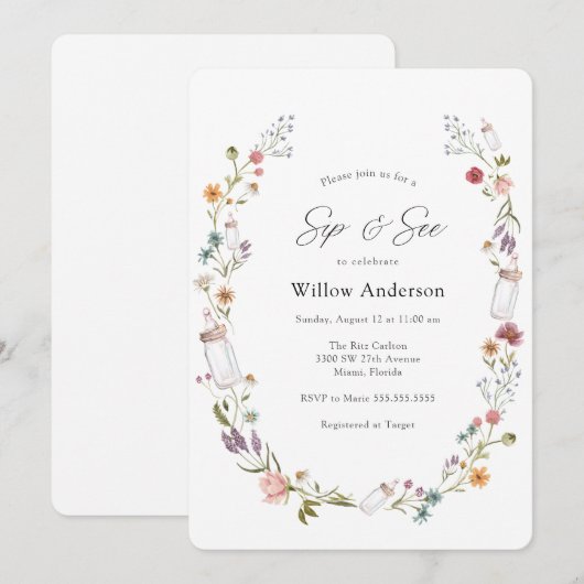 Baby Sip and See Wildflower Invitation Kaart (Voorkant / Achterkant)