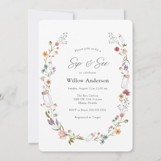 Baby Sip and See Wildflower Invitation Kaart (Voorkant)