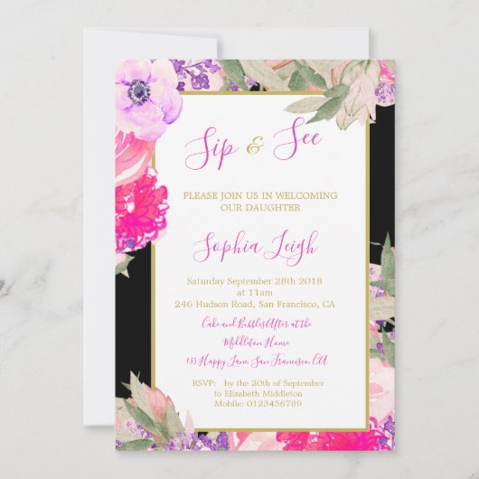 Baby Sip en zie Floral Rozen Gold Pink Kaart (Voorkant)