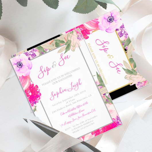 Baby Sip en zie Floral Rozen Gold Pink Kaart