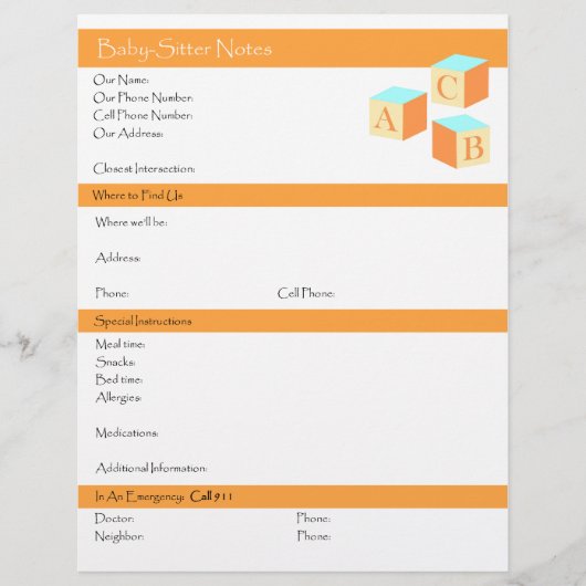 Baby Sitterlijst van informatie en instructies Flyer (Voorkant)
