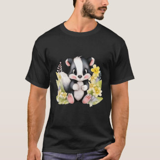 Baby Skunk Zwart-wit Skunk Waterverf Bloemen T-shirt