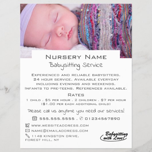 Baby slapende babysitter, dagverzorging, neurierig flyer (Voorkant)