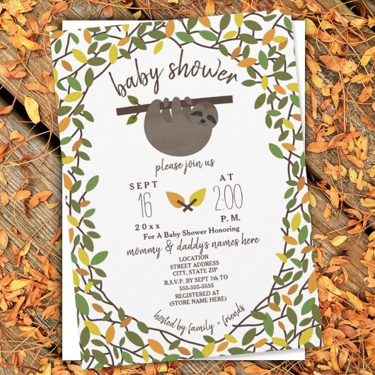 Baby Sloth Autumn Herfst Baby shower Greenery Kaart