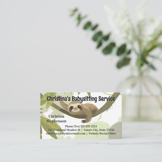 Baby Sloth Babysitter Kinderopvang Visitekaartje (Staand voorkant)