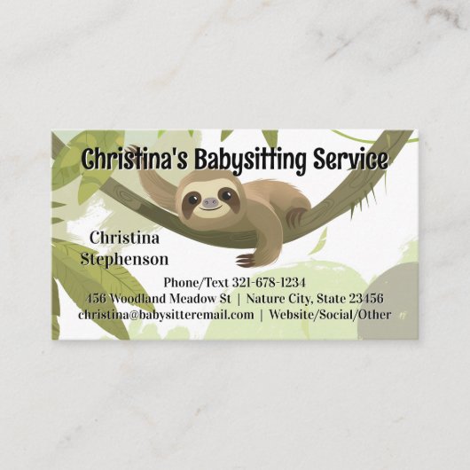 Baby Sloth Babysitter Kinderopvang Visitekaartje (Voorkant)