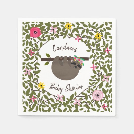 Baby Sloth Bloemen Groen Baby shower Servetten (Voorkant)