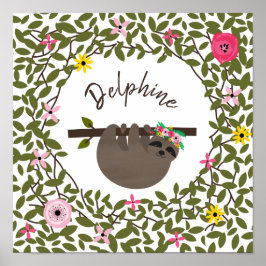 Baby Sloth Floral Greenery Baby Nursery Poster