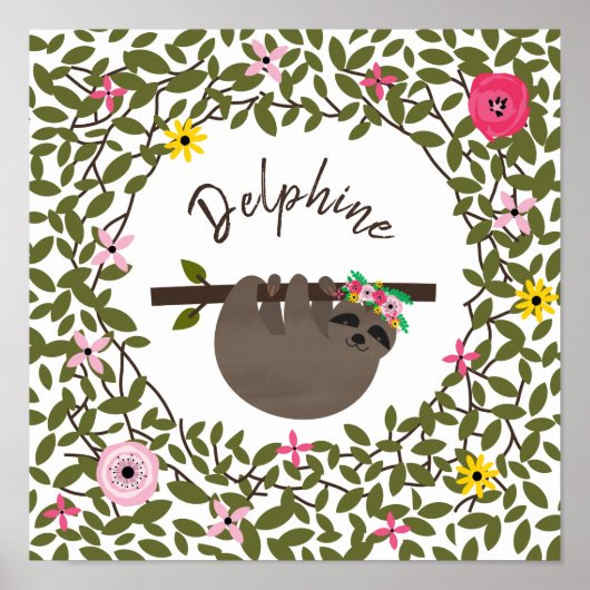 Baby Sloth Floral Greenery Baby Nursery Poster (Voorkant)