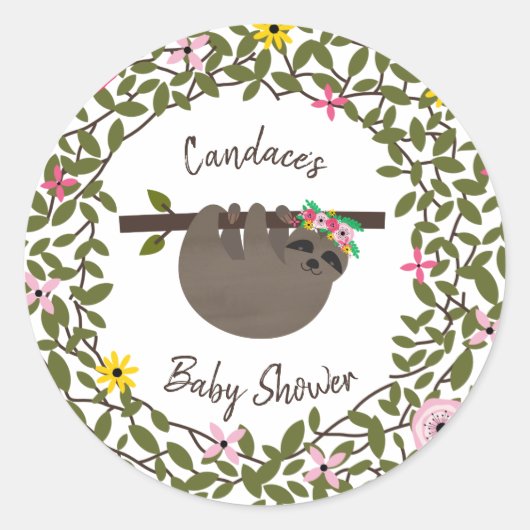 Baby Sloth Groen Bloemen Baby shower Ronde Sticker (Voorkant)