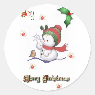 baby sneeuwman die met een baby-vogelsticker praat ronde sticker