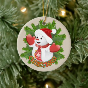Baby Sneeuwman met Kristallen Sneeuwvlokken Orname Keramisch Ornament