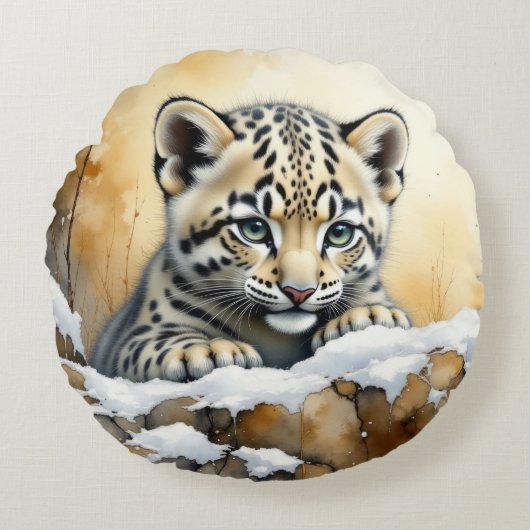 Baby Snow Leopard Rond Kussen (Voorkant)