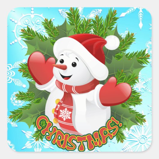 Baby Snowman met Crystal Snowflakes Ornament Vierkante Sticker (Voorkant)