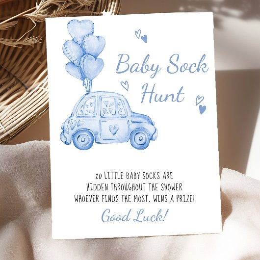 Baby Sock Hunt Blue Car Balloons Baby shower spel Poster