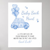 Baby Sock Hunt Blue Car Balloons Baby shower spel Poster (Voorkant)
