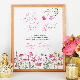 Baby Sock Hunt Pink Wildflower Baby shower Poster
