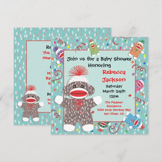 Baby Sock Monkey Baby shower Uitnodiging (Voorkant / Achterkant)