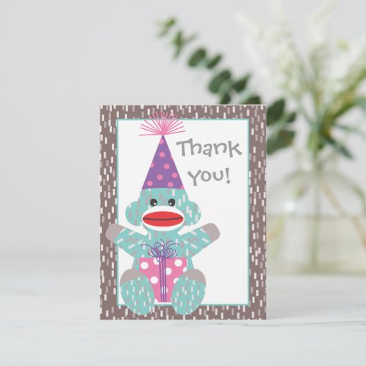 Baby Sock Monkey Birthday Dank u voor uw briefkaar Bedankkaart (Staand voorkant)