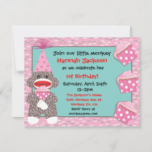 Baby Sock monkey cupcake Birthday Party Invitation Kaart