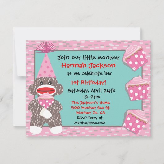 Baby Sock monkey cupcake Verjaardag Party Uitnodig Kaart (Voorkant)