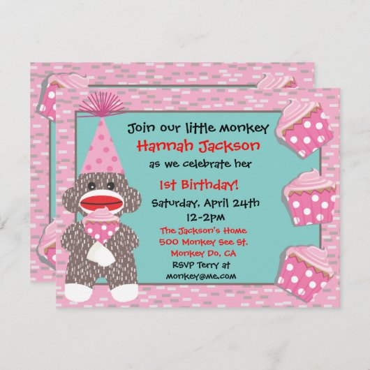 Baby Sock monkey cupcake Verjaardag Party Uitnodig Kaart (Voorkant / Achterkant)