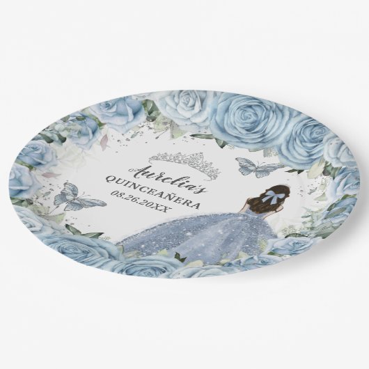 Baby Soft Blue Floral Butterflies Silver Princess Papieren Bordje (Gekanteld)