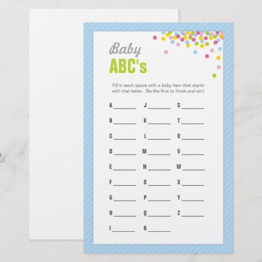 Baby springen/Baby shower ABC's game - blauw (Voorkant / Achterkant)