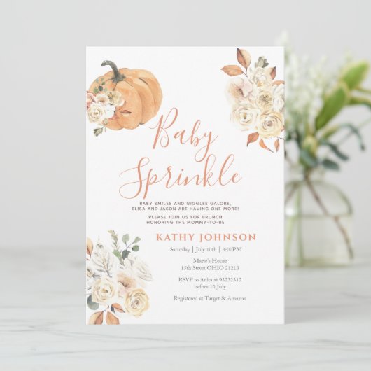 Baby Sprinkle Autumn Floral Pumpkin Baby shower Kaart (Staand voorkant)