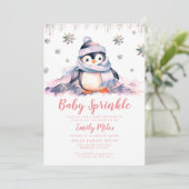 Baby Sprinkle, Baby shower Roze Penguin Invitation Kaart (Staand voorkant)