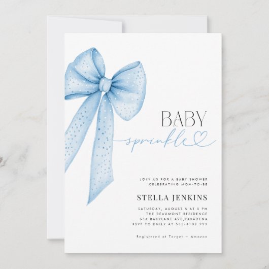 Baby Sprinkle Blue Bow Baby shower Uitnodiging (Voorkant)
