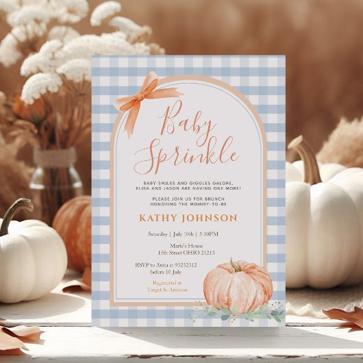Baby Sprinkle Blue Gingham Pumpkin Baby shower Kaart