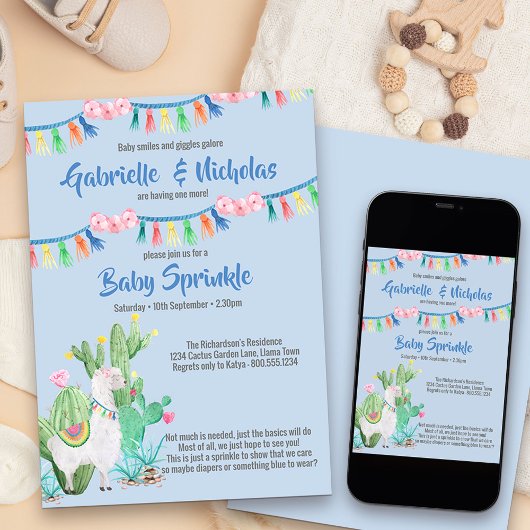 Baby Sprinkle Blue Llama Baby shower Invitation Kaart