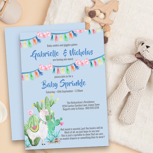 Baby Sprinkle Blue Llama Baby shower Invitation Kaart