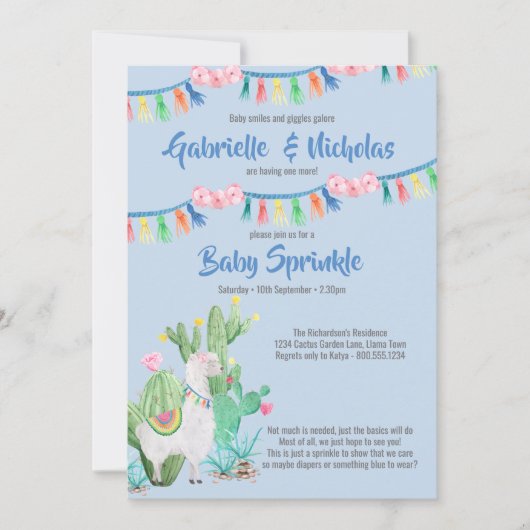 Baby Sprinkle Blue Llama Baby shower Invitation Kaart (Voorkant)