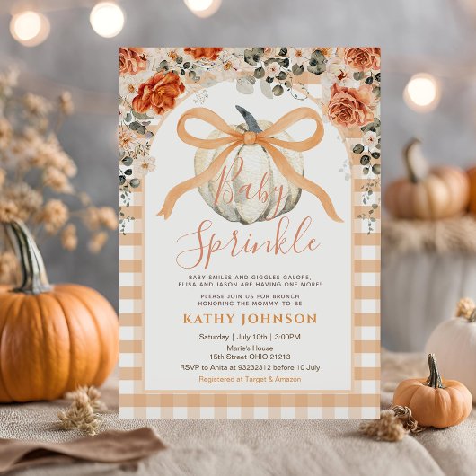 Baby Sprinkle Bow Gingham Pumpkin Baby shower Kaart
