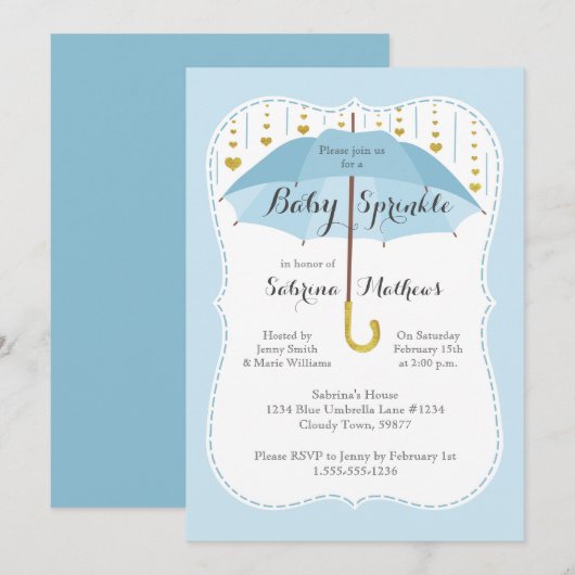 Baby Sprinkle Boy Shower Blauwe Paraplu Uitnodigin Kaart (Voorkant / Achterkant)