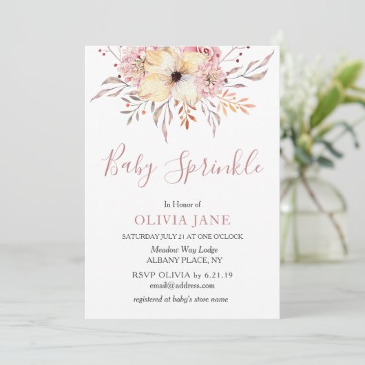 Baby Sprinkle Floral Baby shower Invitation Pink Kaart (Staand voorkant)