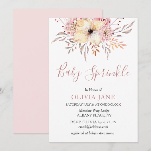 Baby Sprinkle Floral Baby shower Invitation Pink Kaart (Voorkant / Achterkant)