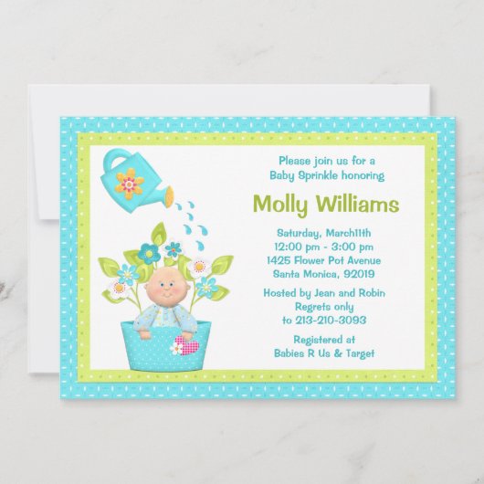 Baby Sprinkle Flower Pot Boy Shower Invitation Kaart (Voorkant)