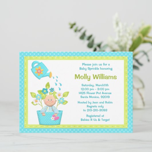 Baby Sprinkle Flower Pot Boy Shower Invitation Kaart (Staand voorkant)