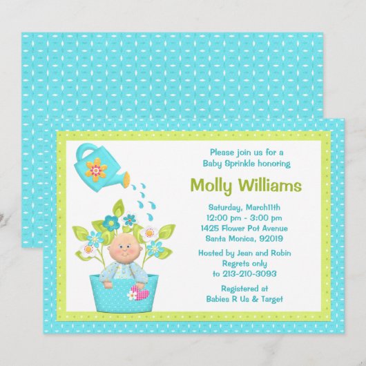Baby Sprinkle Flower Pot Boy Shower Invitation Kaart (Voorkant / Achterkant)