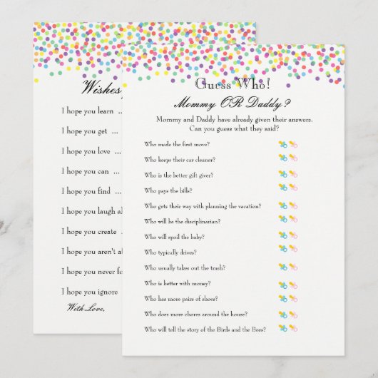 Baby Sprinkle Game - wil Baby en raad eens wie Advieskaart (Voorkant / Achterkant)