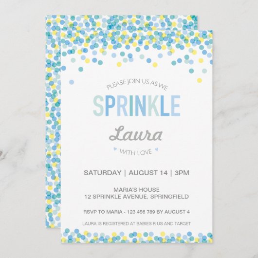 Baby Sprinkle Invitation, blauw en groen Kaart (Voorkant / Achterkant)