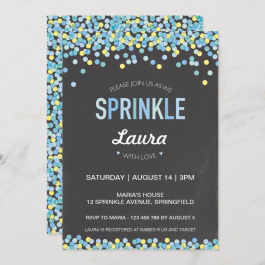 Baby Sprinkle Invitation, Blauw en Groen Krijt Kaart (Voorkant / Achterkant)