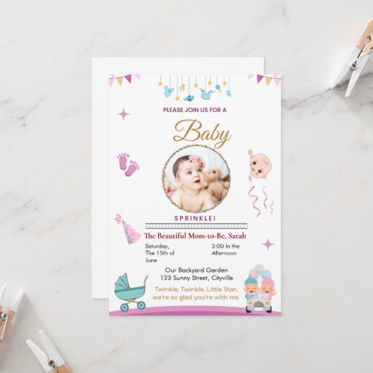 Baby Sprinkle Invitation Kaart (Voorkant / Achterkant in situ)