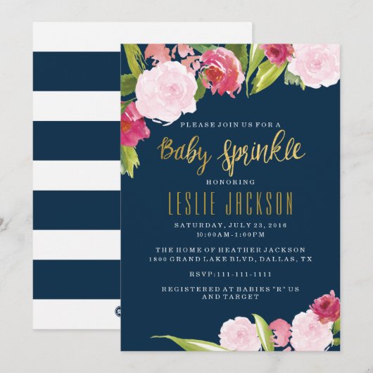 Baby Sprinkle Invitation Navy and Gold Kaart (Voorkant / Achterkant)