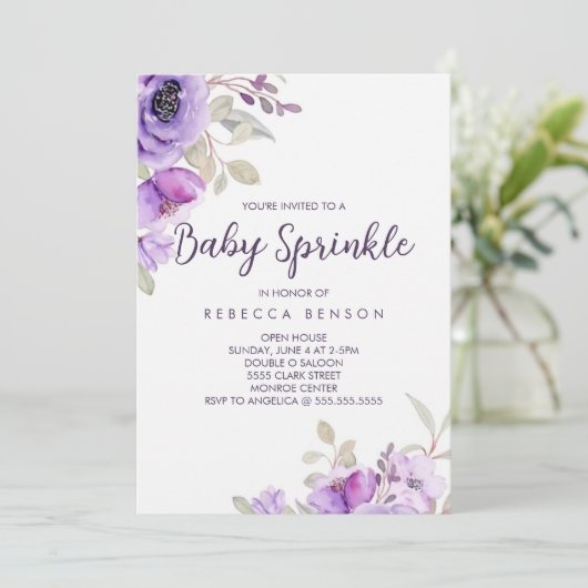 Baby Sprinkle Invitation Paars Floral Design Kaart (Staand voorkant)