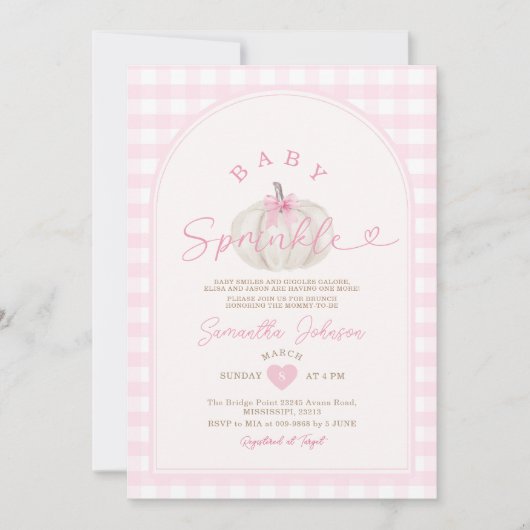 Baby Sprinkle Pink Gingham White Pumpkin Kaart (Voorkant)